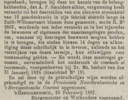 'Bekendmaking plaatsing nieuwe stoomketel in 1867'.