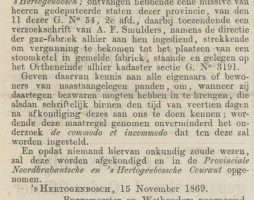 'Bekendmaking plaatsing stoomketel in gasfabriek den Bosch in 1869'..