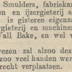 Krantenbericht: 'Bekendmaking aankoop van de Wall en Bake in Utrecht in 1872'.