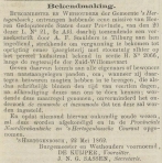 Krantenbericht: 'Bekendmaking oprichting in 1862'.