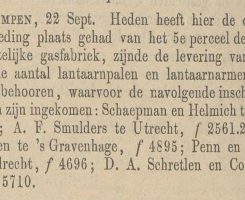 Krantenartikel: 'Bericht van aanbesteding gasfabriek Kampen in 1873'.