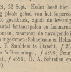 Krantenartikel: 'Bericht van aanbesteding gasfabriek Kampen in 1873'.